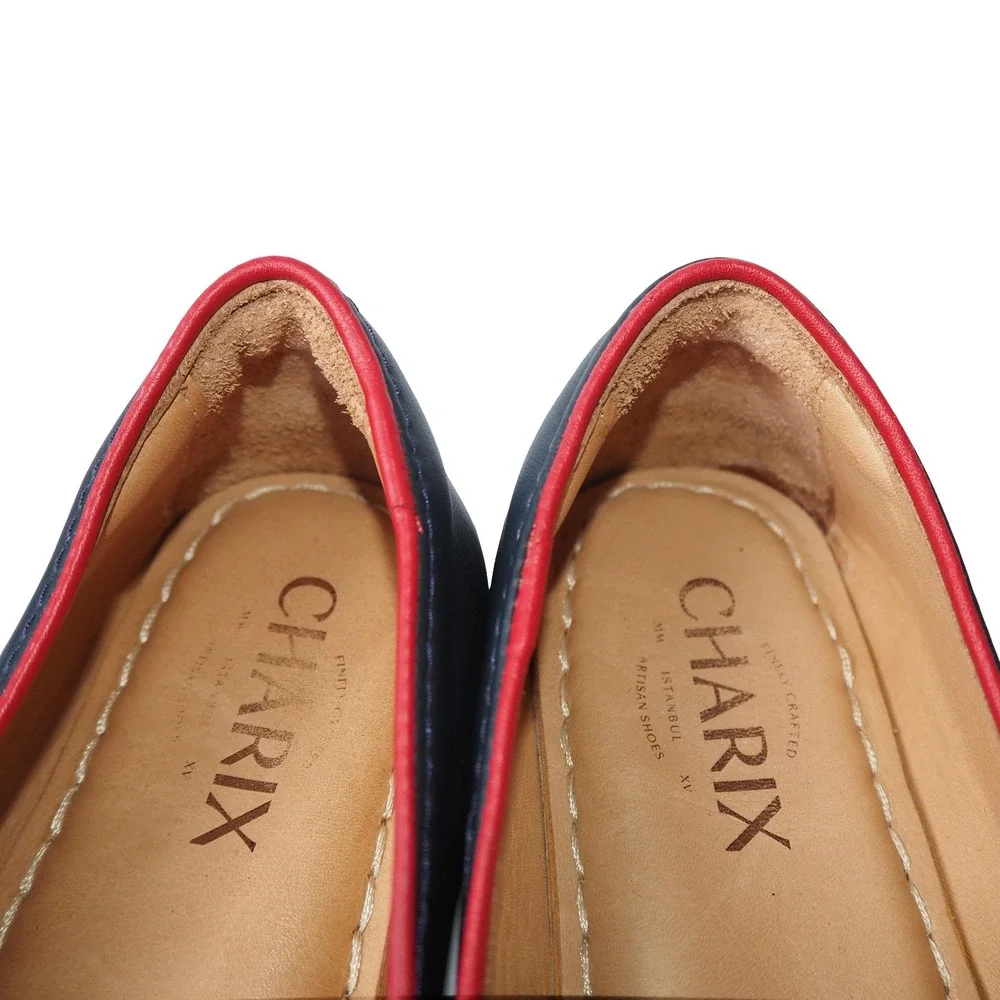 Charix Classic Leather Minimalist Slip-on Loafers Womens 7 37 Navy Red Trim